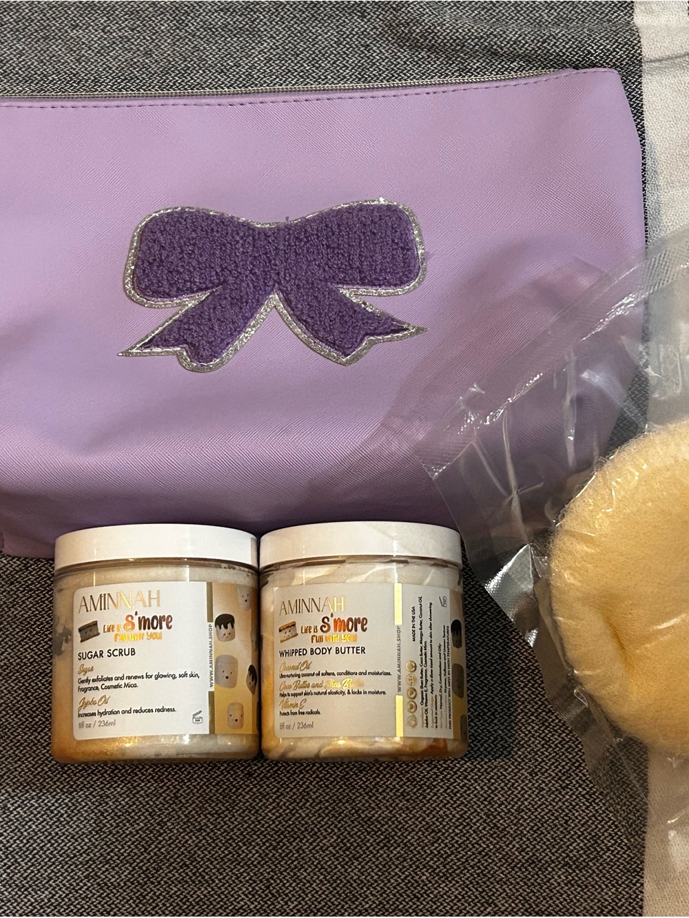 Aminah S'more Sugar Scrub & Whipped Body Butter Set - With Travel Bag and Sponge